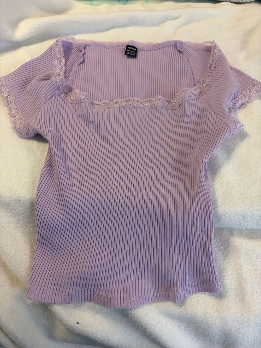 SHEIN Lavender Ribbed Lace-Trim Square Neck Short Sleeve Top